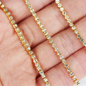 1M/9M 2mm Gold Plated Brass Rhinestone Decorative Strass Jewelry Finding Chains, Rhinestone 2mm-WC0427