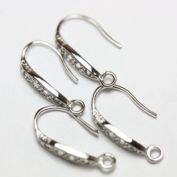 Earring findings 4pcs 925 sterling silver jewellery findings earwire, 9*17mm flat cubic zirconia fishhook with1.5mm coil