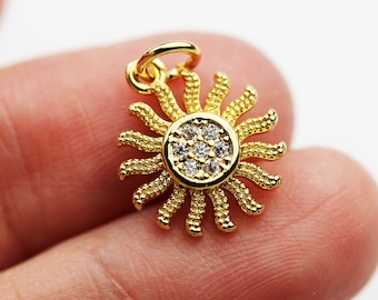 2pcs 18K Gold Plated w/Rhinestone Sun Charms, Gold Plated Charm Findings ,14mm, with 5mm Closed Jump Ring,Not easily tarnish