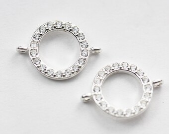 2pcs 925 sterling silver jewellery findings connector,clear cubic zirconia with silver,10mm loop circle,1mm hole
