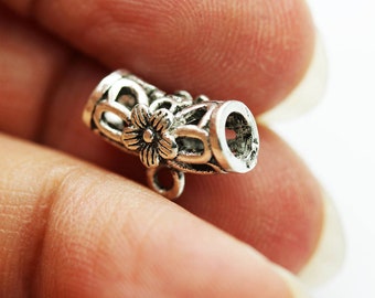 Connector beads 2pcs antiqued 925 sterling silver jewellery findings,14*5.5mm filigree round tube with loop,3mm hole
