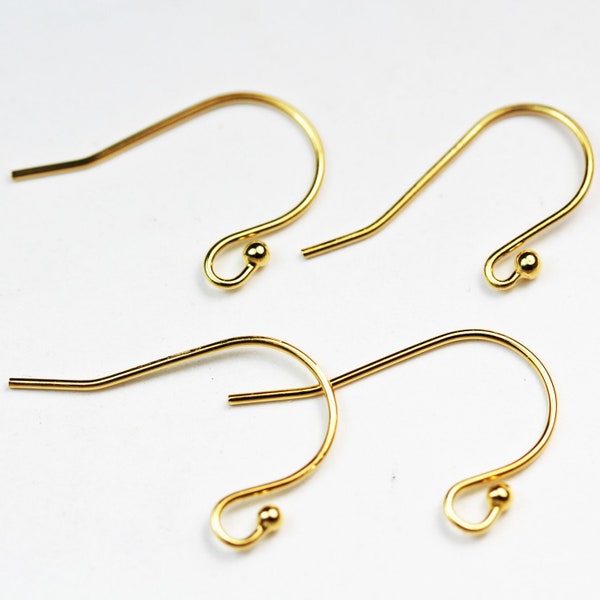 8 boucles d'oreilles en fil de fer français, or vermeil 24 carats sur argent 925, apprêts de bijoux, hameçon plat de 10 mm avec bobine de 2 mm, boule de 1 mm