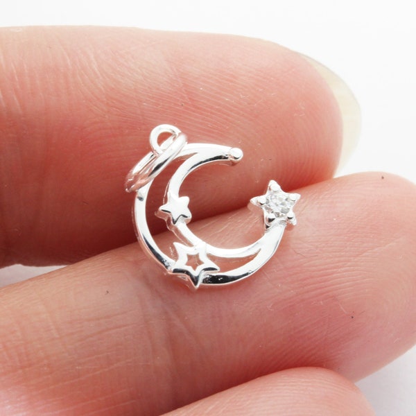 Charm 2pcs 925 sterling silver w/cubic zirconia jewellery findings charm beads ,moon and star charm, 10mm, 5mm closed jump ring