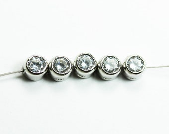 Silver beads 2pcs 925 sterling silver jewellery beads round cubic zirconia beads w/925 sterling silver bezel , 5.5mm round
