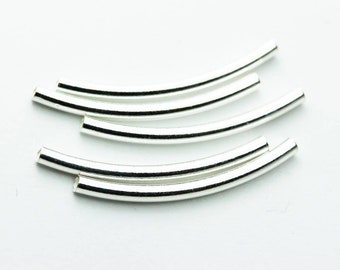 Tube beads 6pcs 2*30mm 925 sterling silver, jewelry 925 silver finding, silver curved tube beads, 1.3mm hole