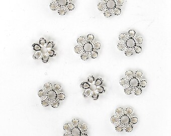 Capuchons 10 pièces en argent sterling 925, capitonnage fleur 6 mm, hauteur 2 mm, trou 1,5 mm