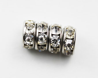 4/5/6/8mm Rhinestone Round Jewellery Findings Spacer Beads,Clear, Rhodium plated Brass,3mm thick, hole1mm - FDB0483