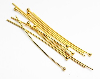 6 pcs Épingles à tête sphérique, calibre 20, 40 mm, ornements de bijoux en or vermeil, avec extrémité sphérique, boule 2 mm