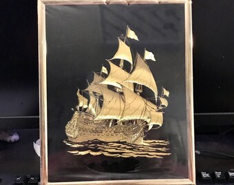 Vintage Foil Art Framed Gold Sailboat Ship Nautical wall art hanging decor Man Cave Ocean scene table decor Gift for him Shiney Holograph