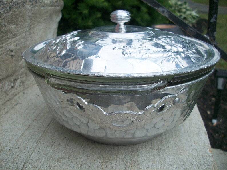 Aluminum bowl with lid Vintage hammered metal warmer made