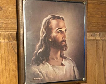 Vintage Framed Warner Sallman Lithograph of Jesus Christ Religious Wall hanging Catholic gift Vintage Wood frame Mid Century