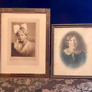 Antique Framed early 1900’s photos in Art Deco style picture frame Collectible photograph of young child girl & colorized photo of woman