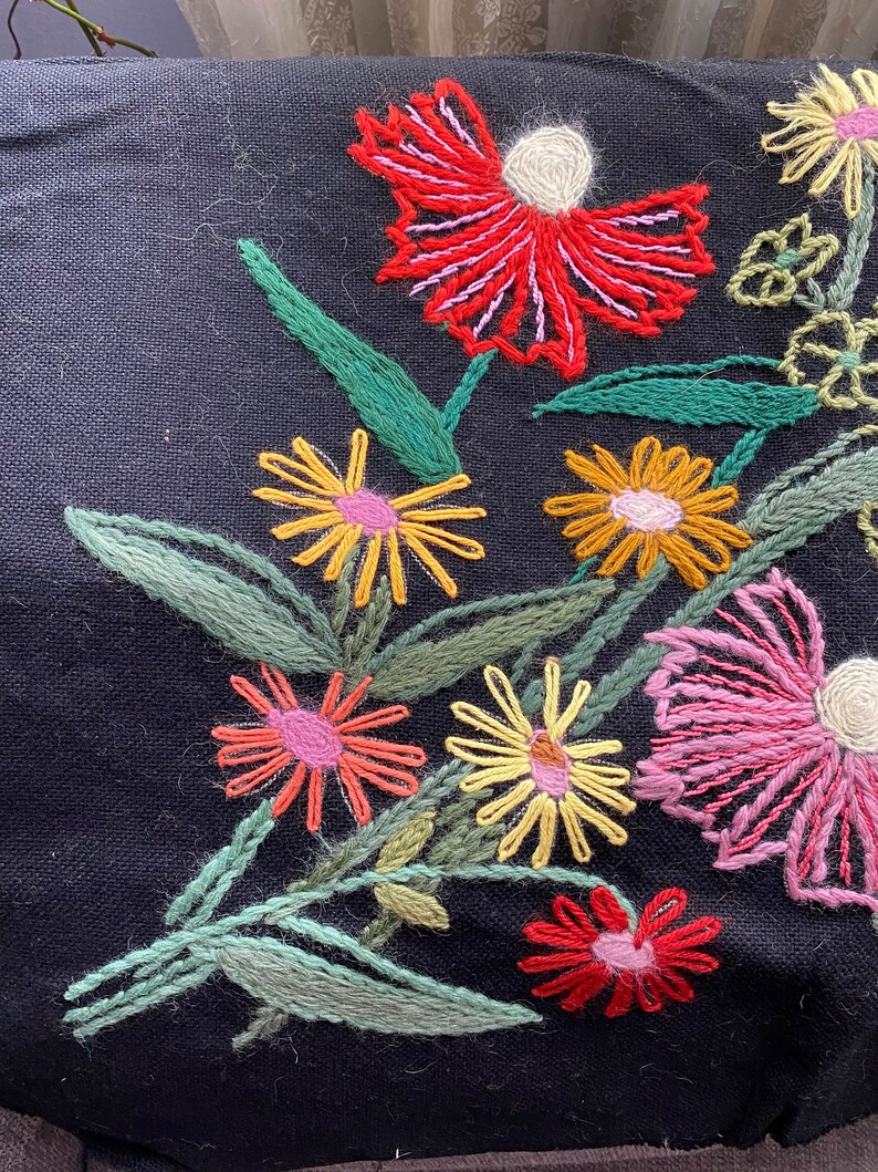 Vintage Floral Crewel on Black burlap fabric 1970s mid century Wall hanging decor piece DIY for pillow Table centerpiece Stitched art image 5