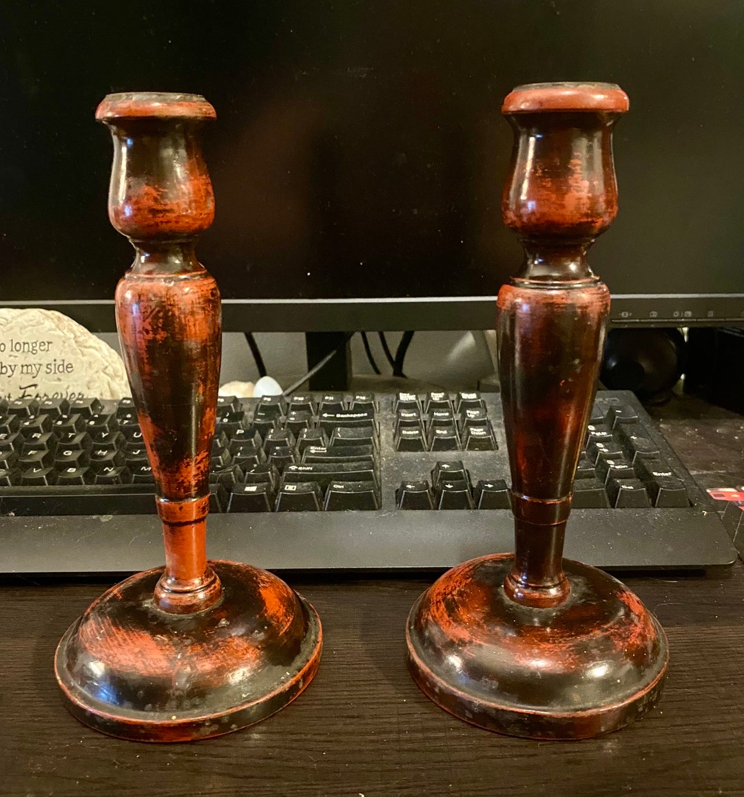 Vintage Pair of Red & Black Wood Wooden Taper Candle Holders Rustic ...