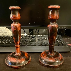 Vintage Pair of Red & Black Wood wooden Taper Candle holders Rustic wedding table decor Primitive Country farmhouse home Mid century