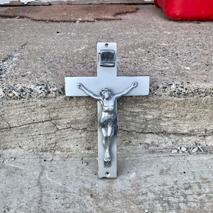 Vintage Metal Crucifix Jesus Christ Silver Cross Catholic housewarming Gift for her him Christian Home Wall decor Hanging Mid century Modern