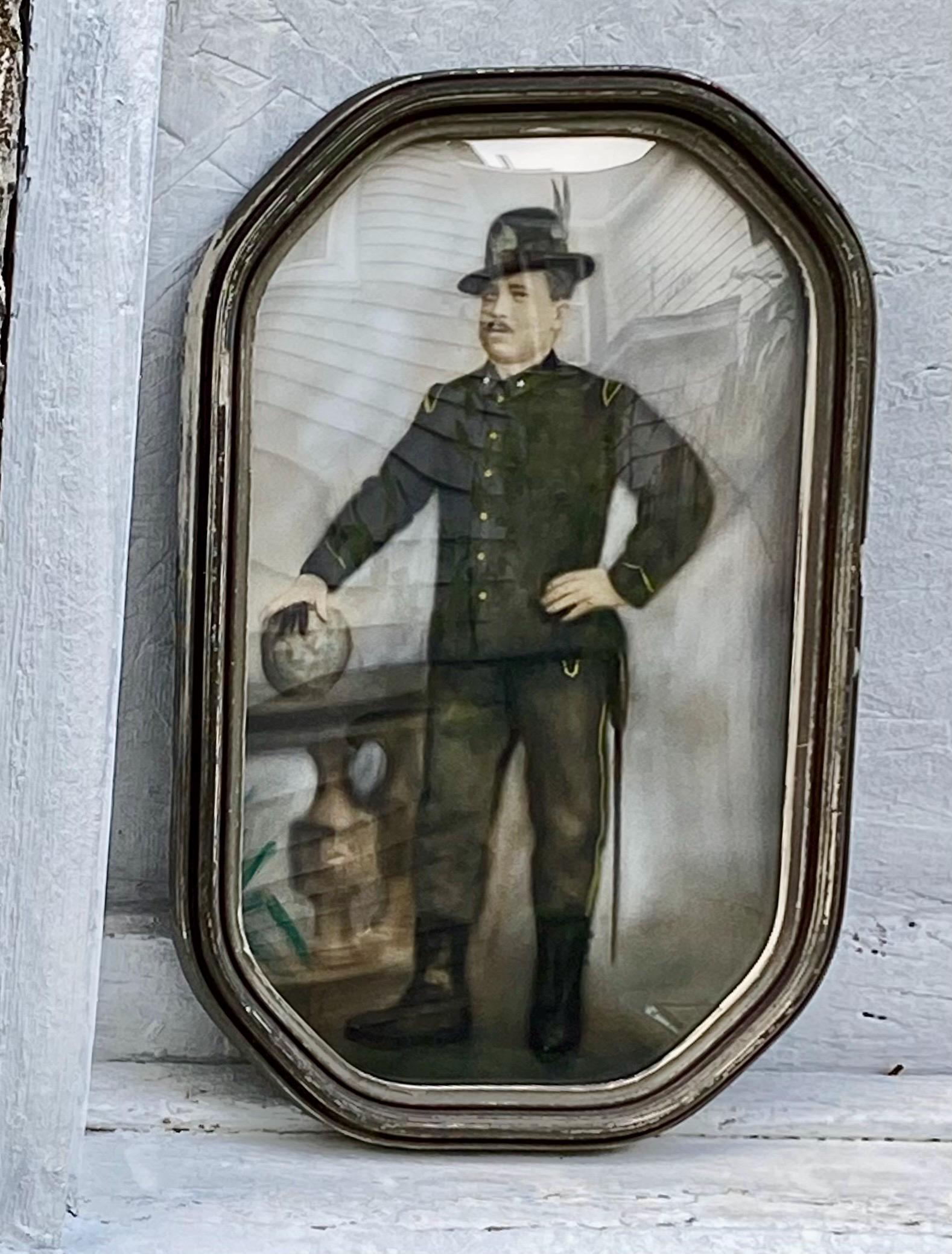 Antique Framed Photo of Soldier Man in Uniform in Wood wooden picture frame Convex Bubble glass Victorian wall gallery decor Art Deco frame