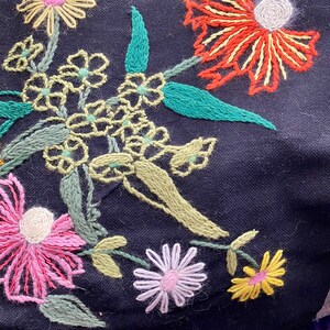 Vintage Floral Crewel on Black burlap fabric 1970s mid century Wall hanging decor piece DIY for pillow Table centerpiece Stitched art image 4