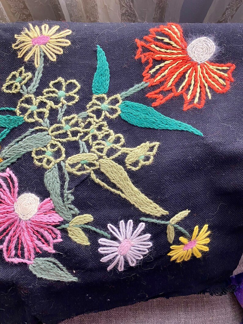 Vintage Floral Crewel on Black burlap fabric 1970s mid century Wall hanging decor piece DIY for pillow Table centerpiece Stitched art image 4