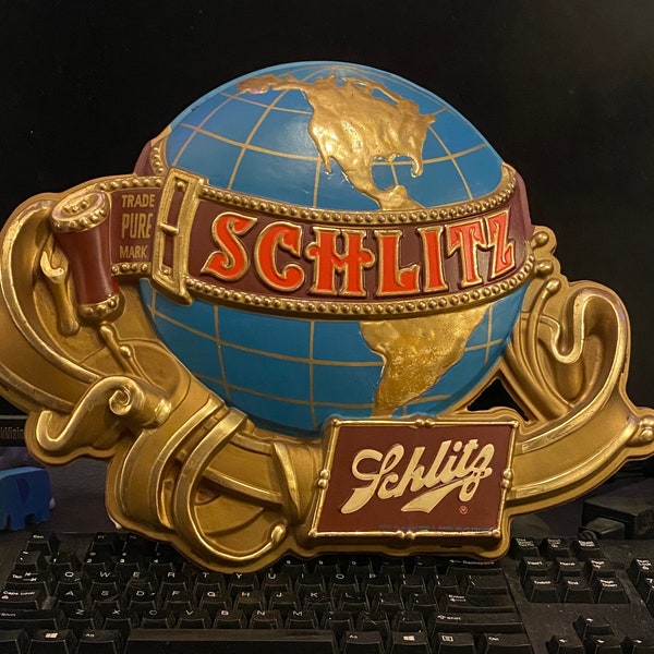Vintage Schlitz Beer plastic 3D Wall hanging Bar sign Barware collectible Brewiana Game room Man cave gift Globe Mid century Retro decor