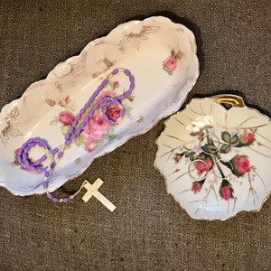 Leuchtenburg German porcelain long dish Rose pattern Hand decorated Ring dish made in Japan Jewelry tray Gift for her Pair