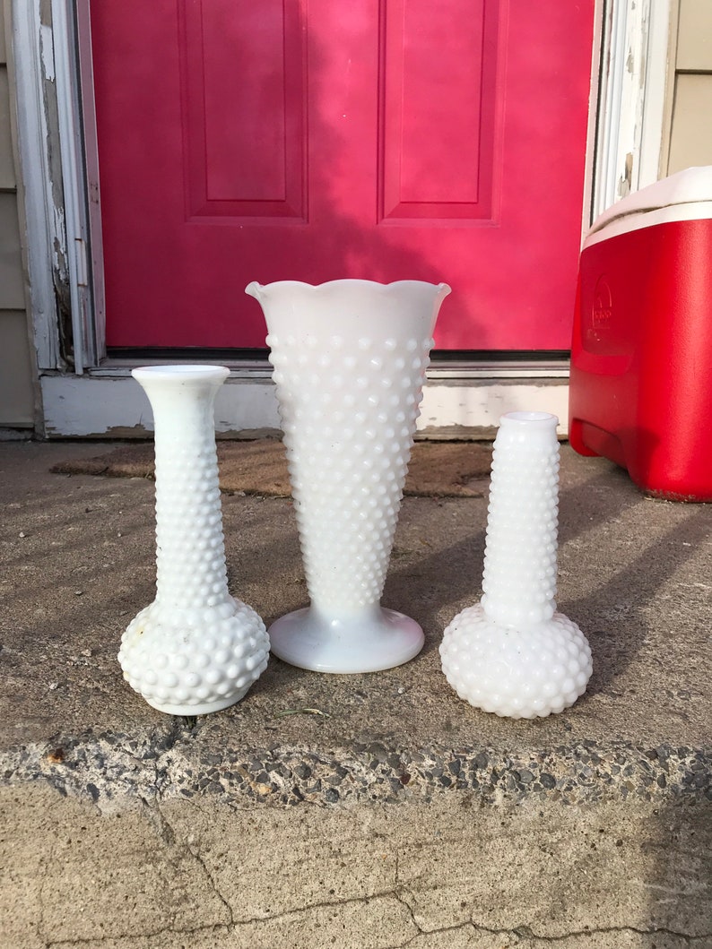 Vintage White Hobnail Milk Glass Vase Set of 3 Wedding Etsy
