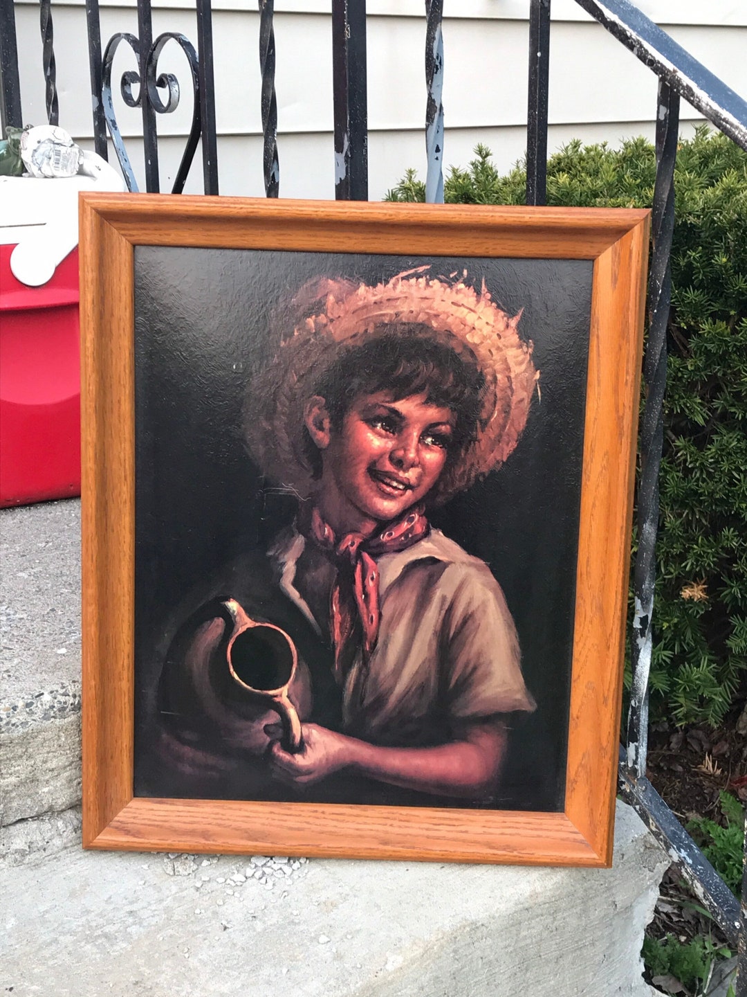 Large Framed Vintage Lithograph of Country Boy Italian Artist Tovine