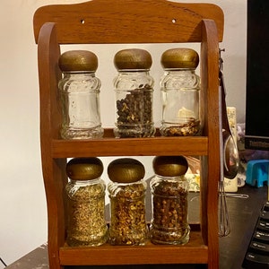 Vintage Wood wooden Spice Rack for hanging or tabletop with 6 glass jars bottles Kitchen decor small 2 tier shelf display Organization