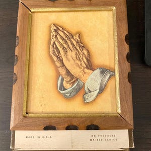 Vintage Religious Wall decor colorful Praying Hands Wood &#39;n Art Mid Century home Catholic Christian gift Housewarming Prayer