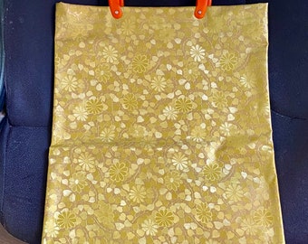 1960’s Vintage Foldable Tote bag Top handle purse Orange handles Snaps Mid century Mod  floral retro 1970's style Folding plastic totebag