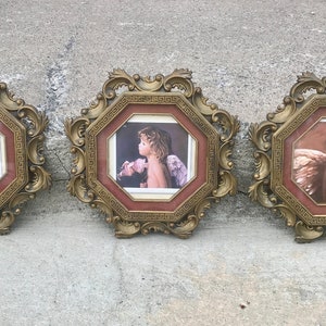 Set of 3 Vintage resin Syroco like dark Gold Wall frames Plaques with Angel pictures Home decor ornate design Shabby cottage chic Victorian