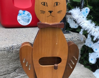 Handmade Vintage Wood Wooden Cat Instrument Wall hanging decor Cat lovers Gift for him her Whimsical Unique Mid Century modern