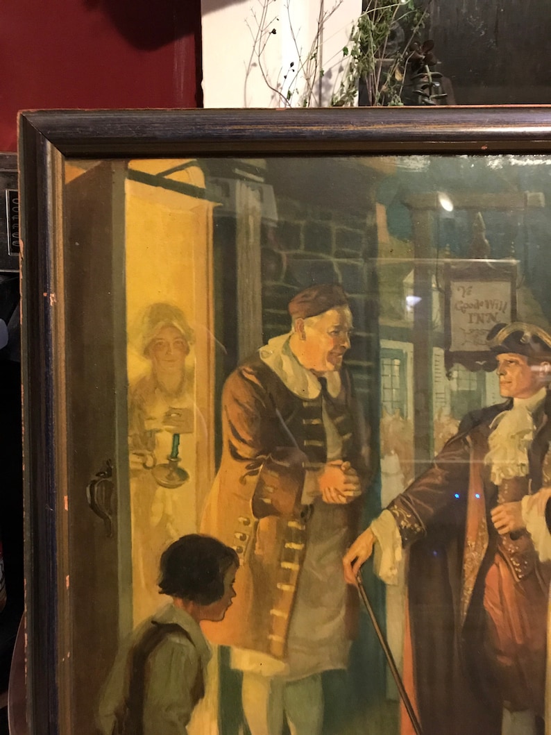 Antique framed Victorian print from artist Carl Mueller Wood wooden picture frame Vintage Colonial artwork wall hanging Carriage arrival