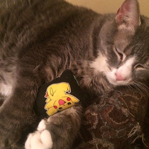 May include: A gray and white cat is sleeping on a brown patterned couch. The cat is holding a black and yellow plush toy with a cartoon character on it. The toy is a Pikachu from the Pokemon franchise.