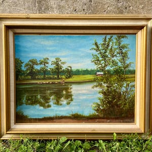 Vintage Framed Nature landscape Painting in wooden frame Original art Mid century MCM Country farmhouse decor artist signed Living room