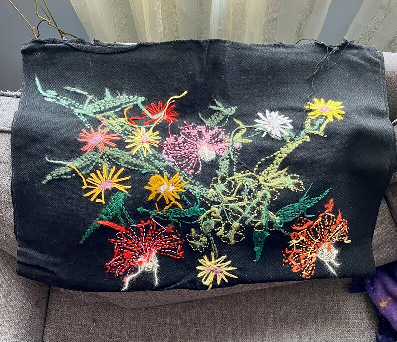 Vintage Floral Crewel on Black burlap fabric 1970s mid century Wall hanging decor piece DIY for pillow Table centerpiece Stitched art image 6