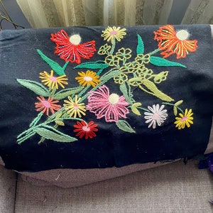 Vintage Floral Crewel on Black burlap fabric 1970s mid century Wall hanging decor piece DIY for pillow Table centerpiece Stitched art image 2