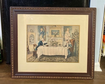 Framed Vintage portrait Print of President George and Martha Washington having dinner Colonial home decor Wall hanging in Wood wooden Frame