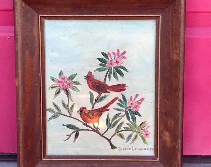Vintage Framed Artwork Original Painting of Cardinal Red Male Cardinal