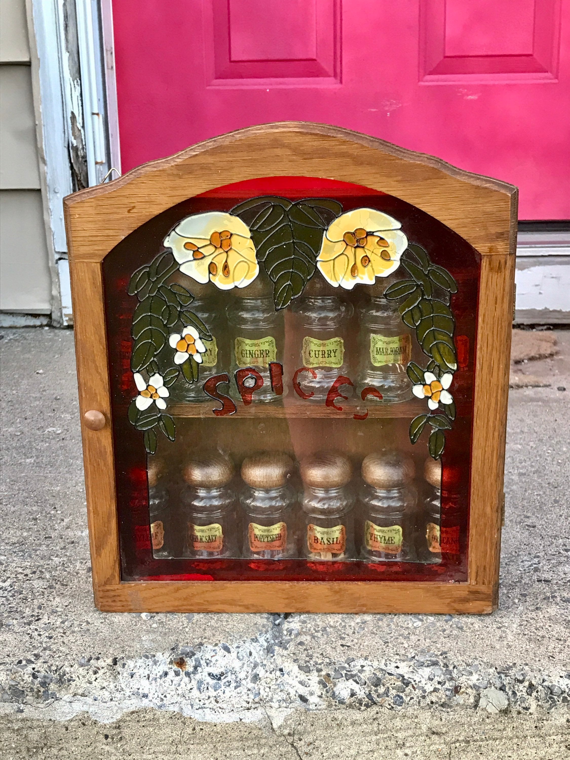 Wooden 2 Tier Spice Rack Wood w 12 Glass Jars Bottles Wall Hanging Shelf 12