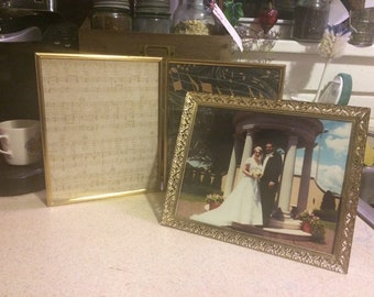 Vintage Gold metal Folding Double picture frame 8 x 10, Ornate Floral Filigree Photo frame, Rustic Wedding table decor Menu display