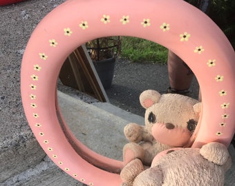 Vintage Ceramic Teddy Bear Mirror for Nursery Wall decor Peach & light Brown Floral design handmade new baby gift Kitsch figure