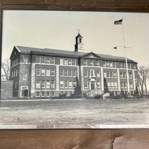 Framed Vintage Photograph of Old Schoolhouse school Town Hall building in New York History Architecture wall decor hanging Black frame