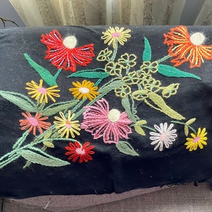 Vintage Floral Crewel on Black burlap fabric 1970s mid century Wall hanging decor piece DIY for pillow Table centerpiece Stitched art image 3