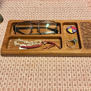 Vintage Wood Etched wooden Dresser Valet Catch all Tray Gift for him her Man Cave from 1988 by Lasercraft laser engraving Hunting dog Birds