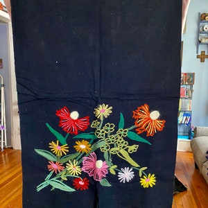 Vintage Floral Crewel on Black burlap fabric 1970s mid century Wall hanging decor piece DIY for pillow Table centerpiece Stitched art image 1