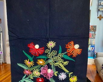 Vintage Floral Crewel on Black burlap fabric 1970’s mid century Wall hanging decor piece DIY for pillow Table centerpiece Stitched art