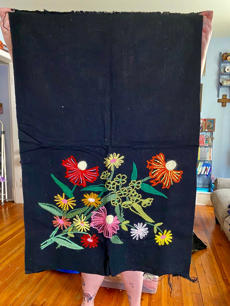 Vintage Floral Crewel on Black burlap fabric 1970s mid century Wall hanging decor piece DIY for pillow Table centerpiece Stitched art image 1