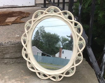 Vintage Syroco Resin Easel back Vanity Mirror bedroom bathroom Shabby Cottage chic floral Antique white Victorian Nursery home decor