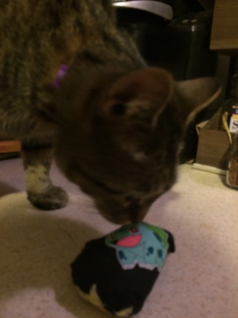 May include: A brown tabby cat with a pink collar is sniffing a black and green stuffed toy with a cartoon character on it. The toy is shaped like a small pillow.